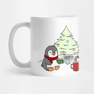 Christmas Penguins Enjoying Hot Cocoa with Christmas Tree Mug